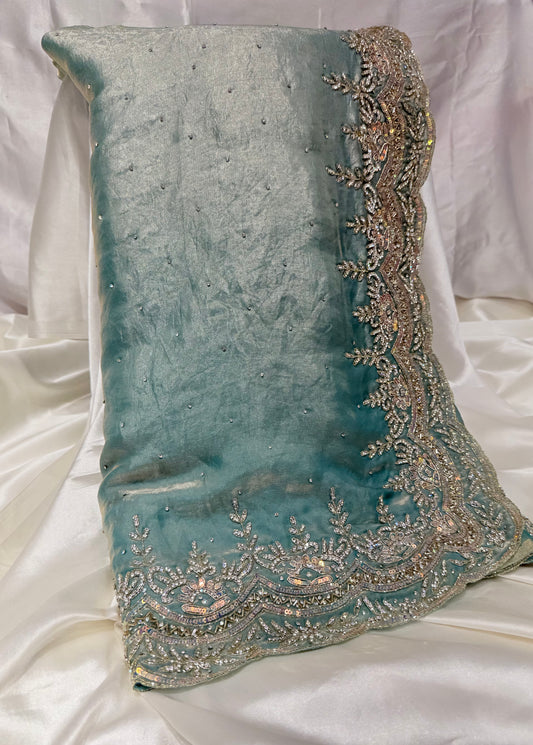 Tissue Crush Saree Zardozi Work (Sea Green)