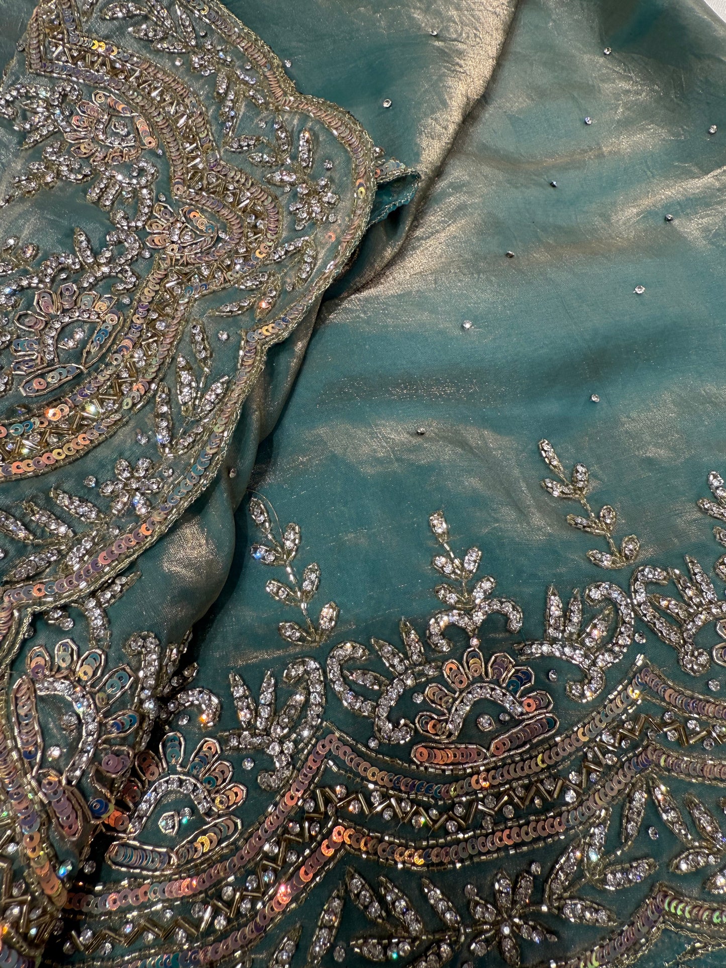 Tissue Crush Saree Zardozi Work (Sea Green)