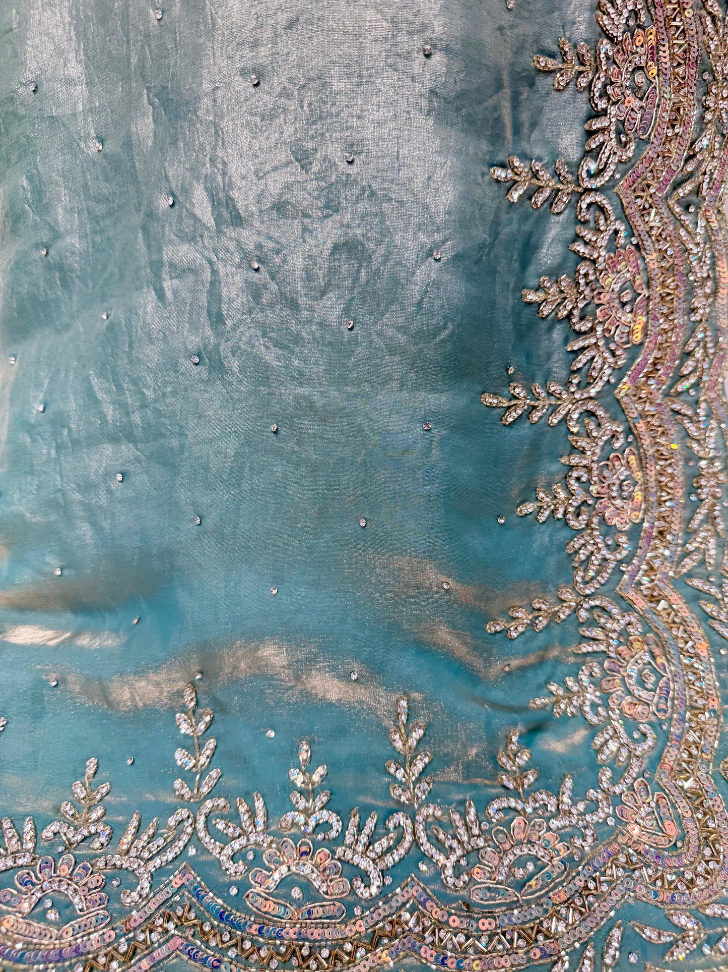 Tissue Crush Saree Zardozi Work (Sea Green)