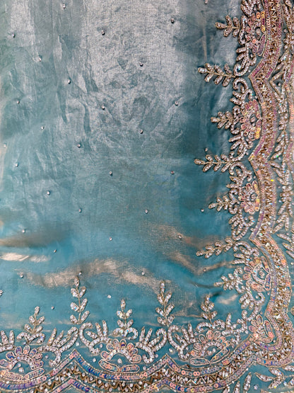 Tissue Crush Saree Zardozi Work (Sea Green)