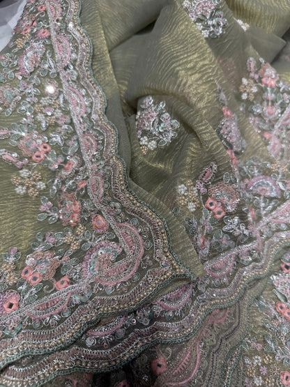 Crush Tissue  Zardozi Work Silk Saree (Mehandi)