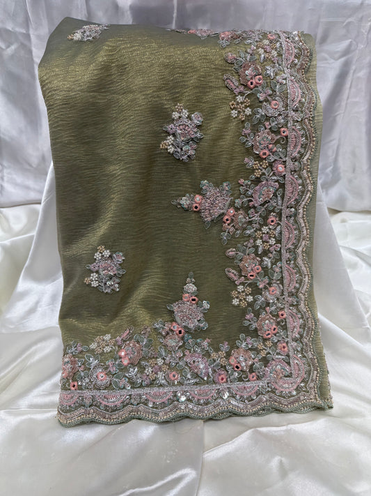 Crush Tissue  Zardozi Work Silk Saree (Mehandi)