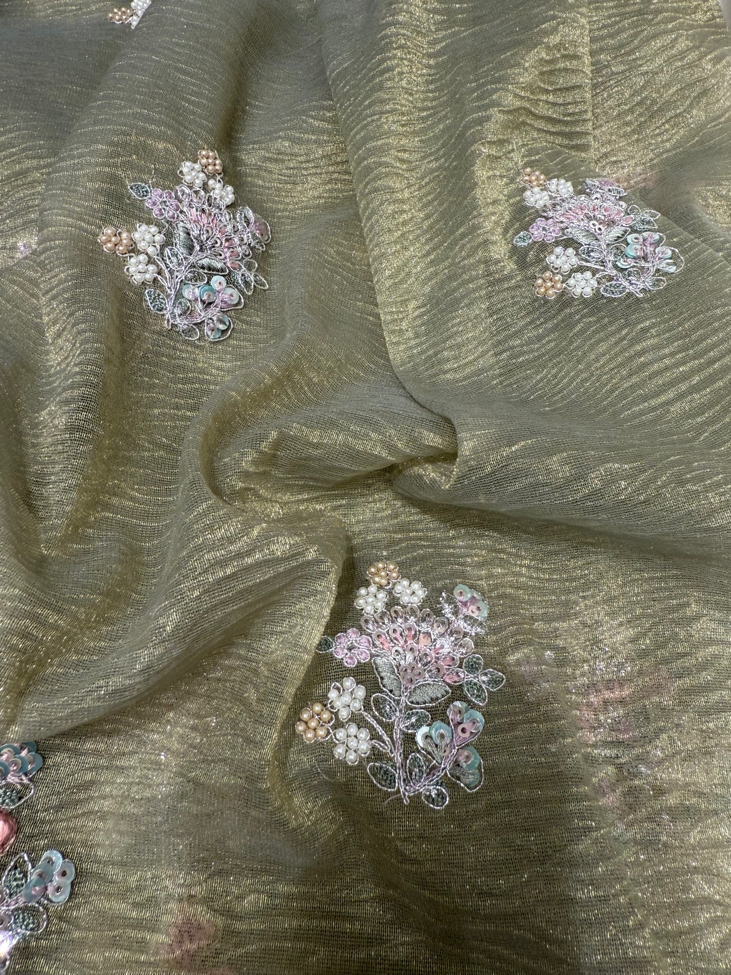 Crush Tissue  Zardozi Work Silk Saree (Mehandi)