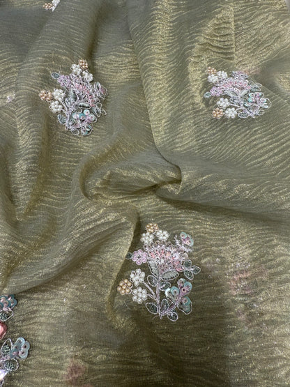 Crush Tissue  Zardozi Work Silk Saree (Mehandi)