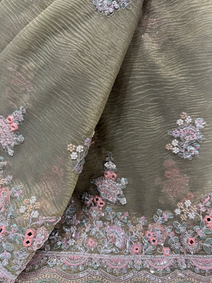 Crush Tissue  Zardozi Work Silk Saree (Mehandi)