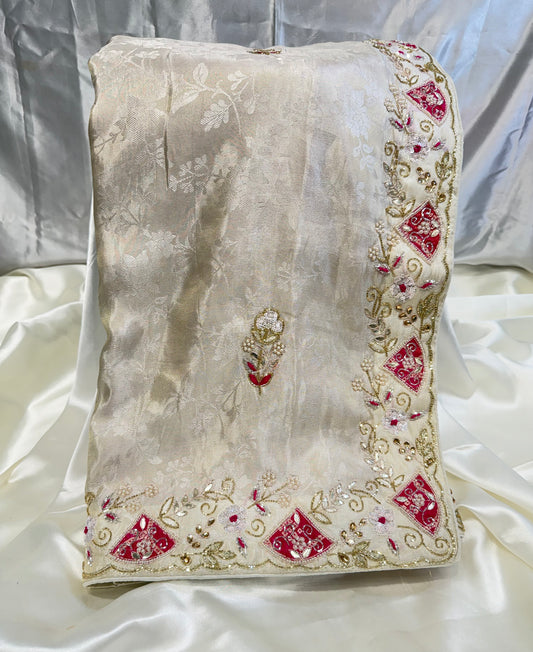 Brocade silk Designer embroidery saree (Beige)