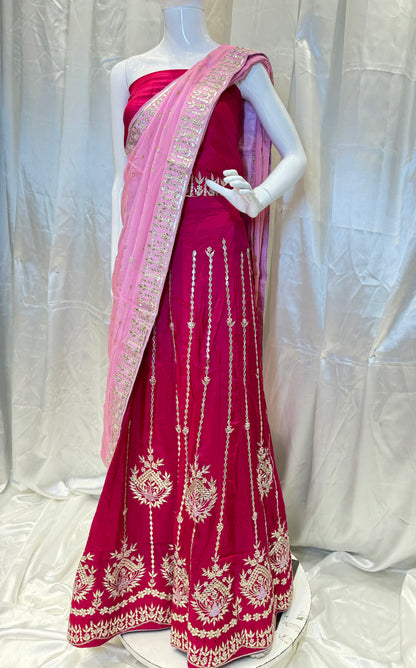Pure Silk Handwork Gotta Patti Embroidered Lehenga (Rani)