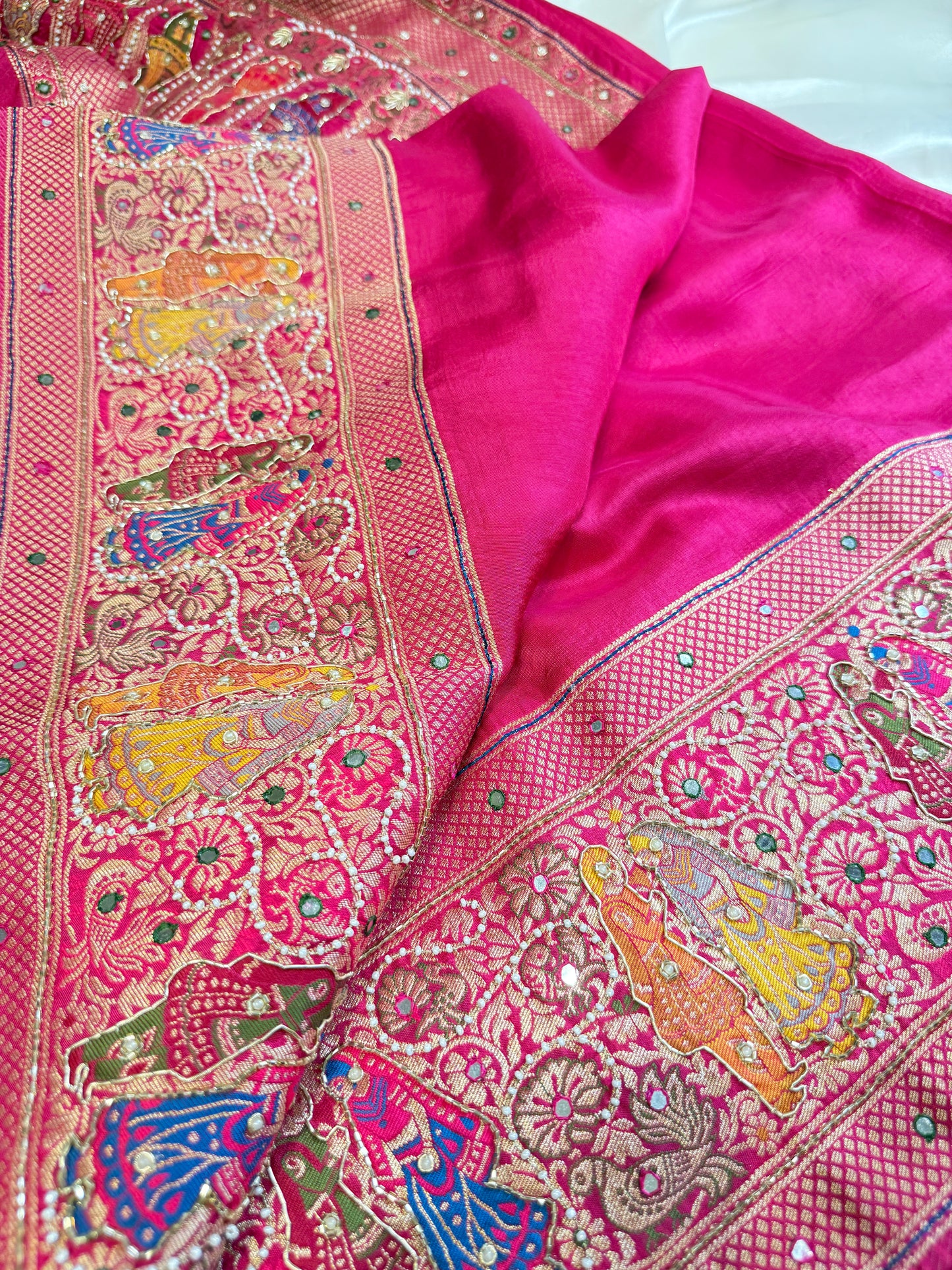 Plan Border Ajrak Silk Saree (Hot Pink)