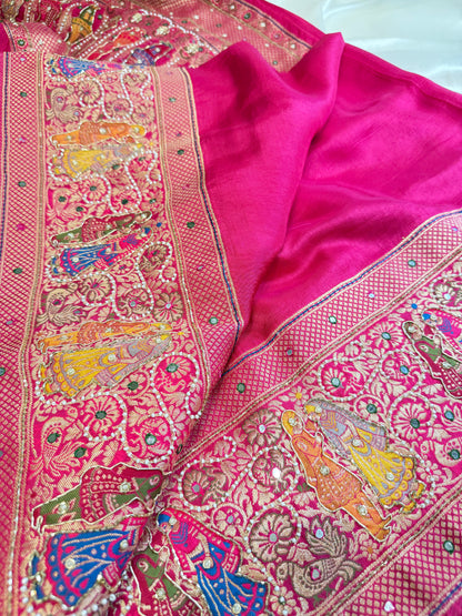 Plan Border Ajrak Silk Saree (Hot Pink)
