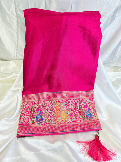 Plan Border Ajrak Silk Saree (Hot Pink)