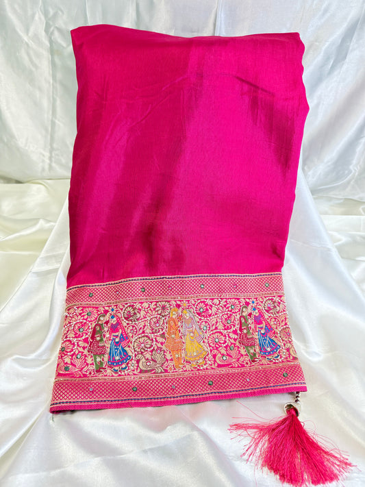 Plan Border Ajrak Silk Saree (Hot Pink)