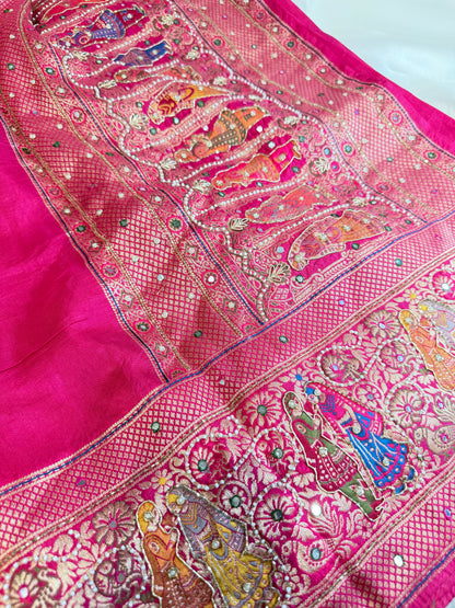 Plan Border Ajrak Silk Saree (Hot Pink)
