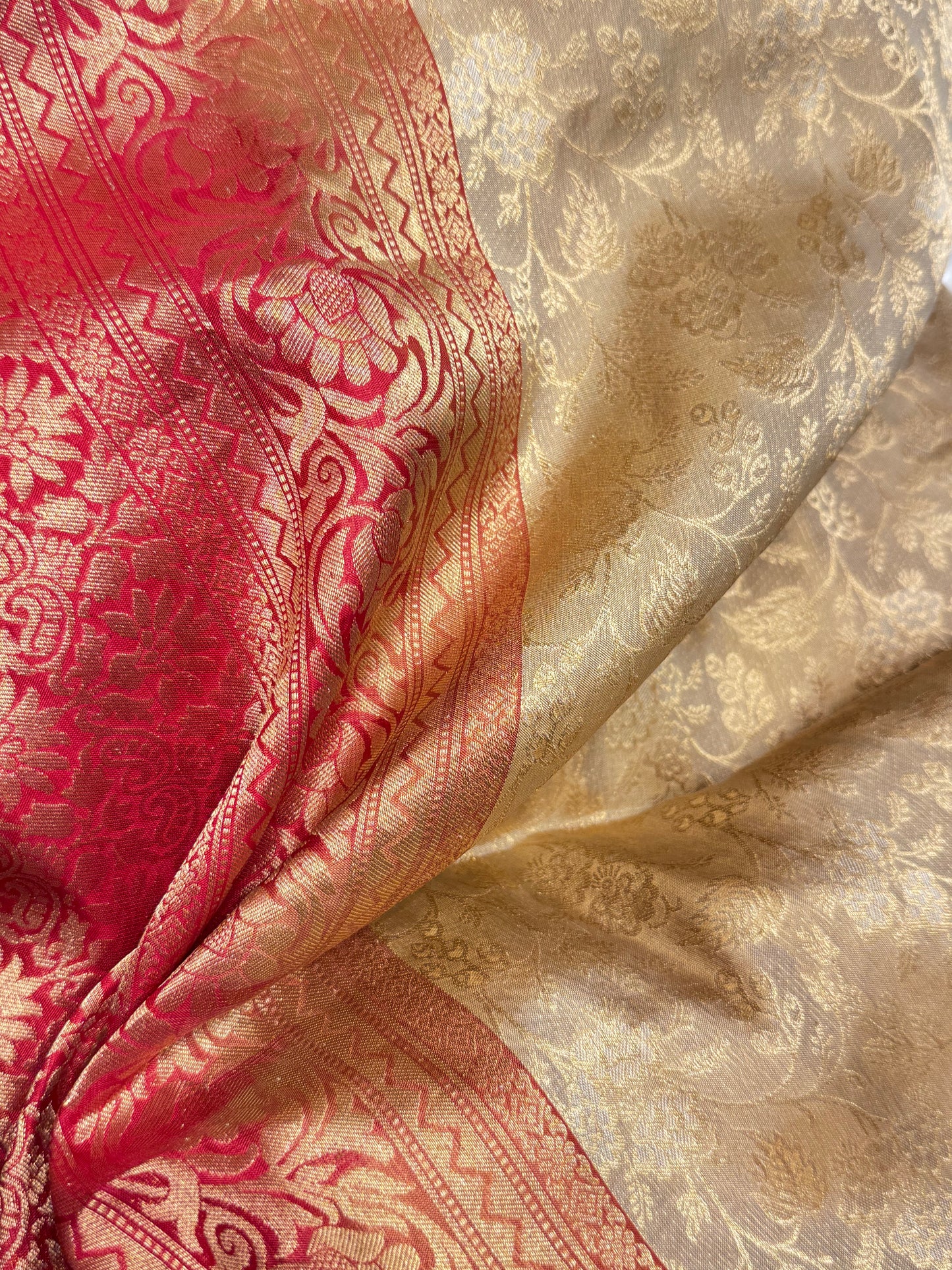 Pin stripped contrast tissue silk saree  (Beige & red)