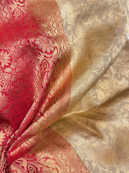 Pin stripped contrast tissue silk saree  (Beige & red)