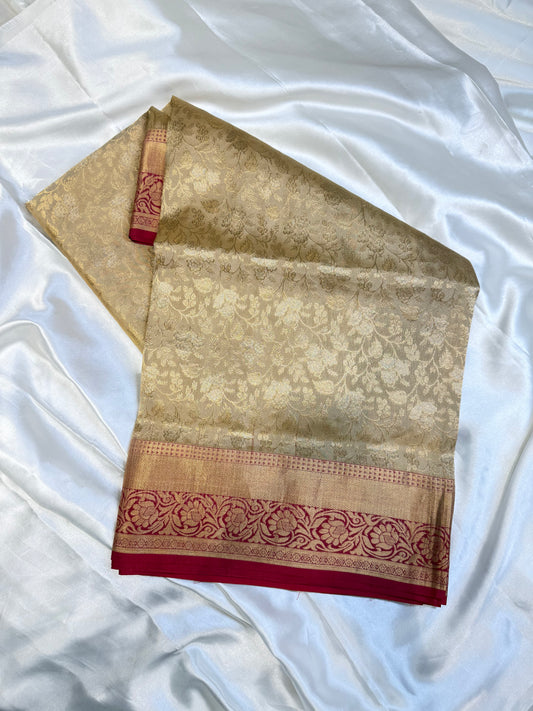Pin stripped contrast tissue silk saree  (Beige & red)