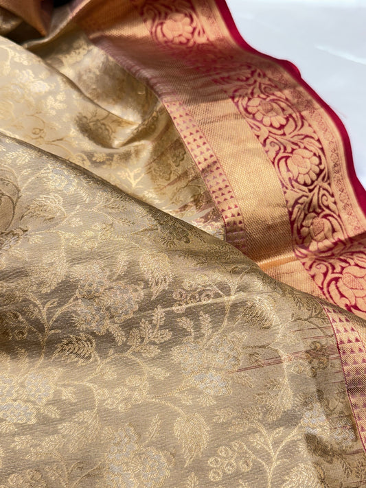 Pin stripped contrast tissue silk saree  (Beige & red)