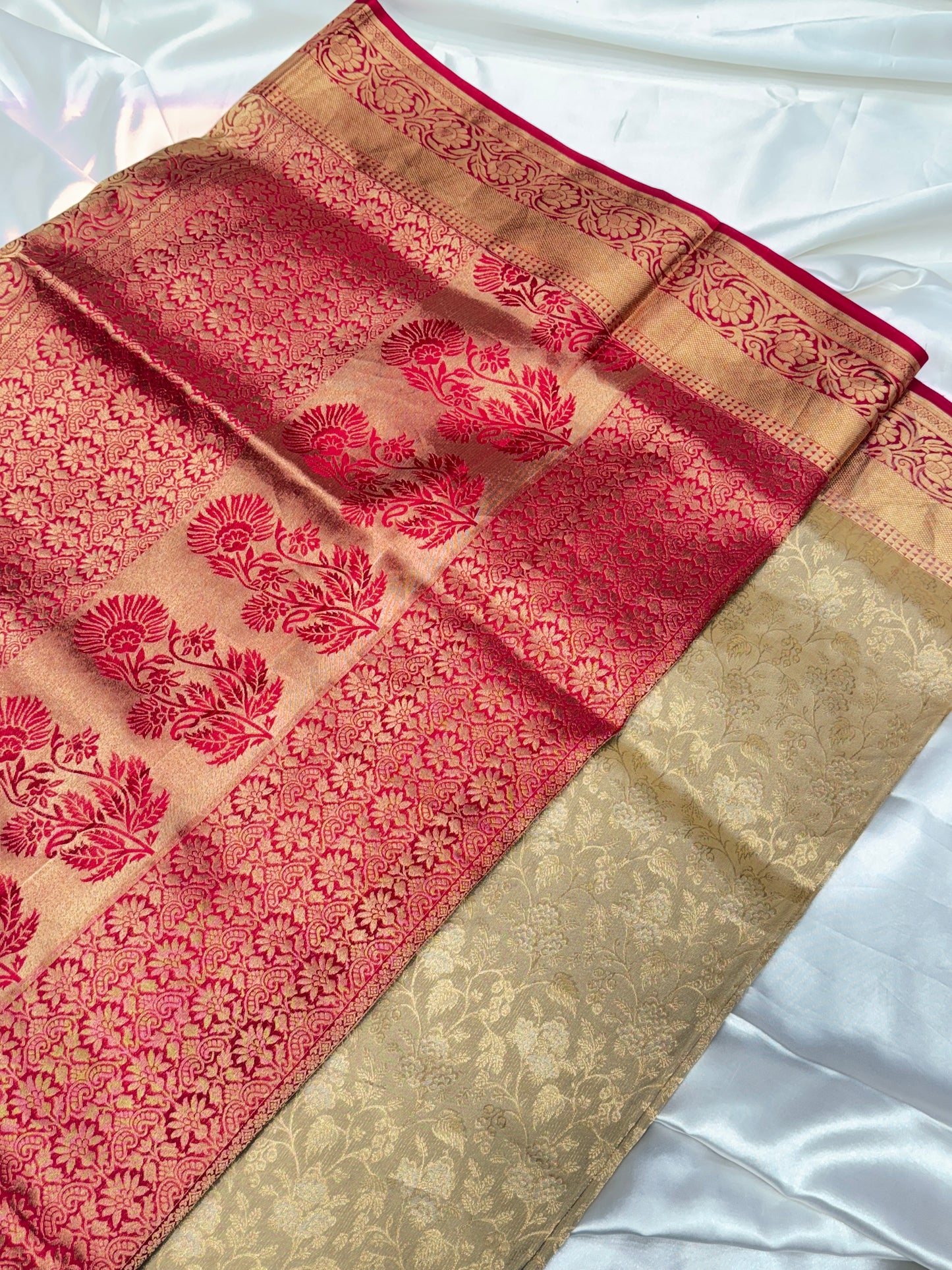 Pin stripped contrast tissue silk saree  (Beige & red)