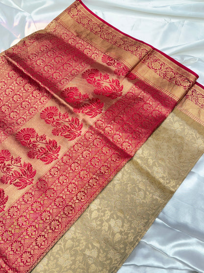 Pin stripped contrast tissue silk saree  (Beige & red)