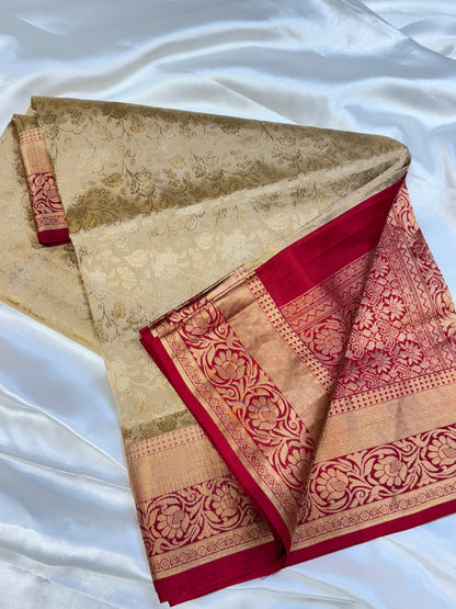 Pin stripped contrast tissue silk saree  (Beige & red)