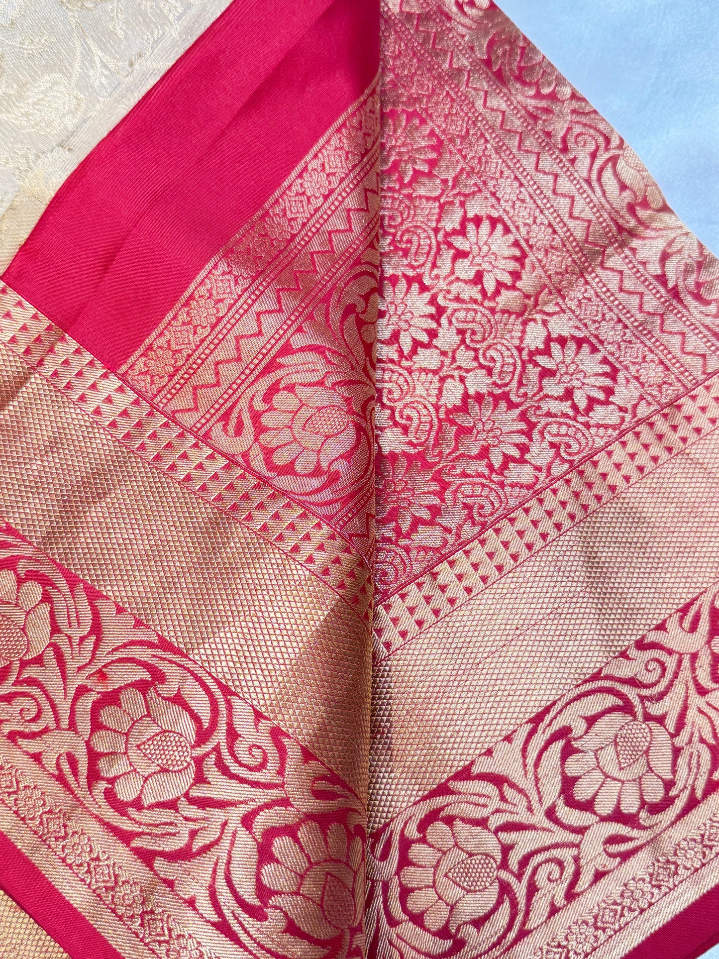 Pin stripped contrast tissue silk saree  (Beige & red)
