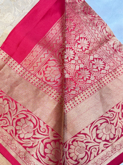 Pin stripped contrast tissue silk saree  (Beige & red)