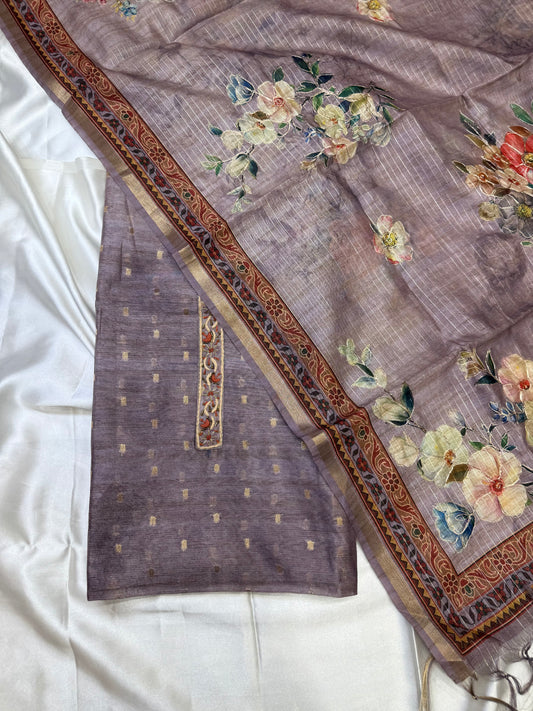 Designer chanderi silk with heavy duppata dress material (Pastel purple)