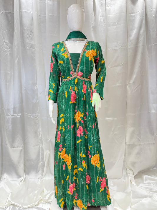 Summer Chiffon Digital Print Gown (Bottle Green)