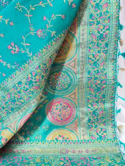 Fancy Ikkat Border Silk Saree (Sea)