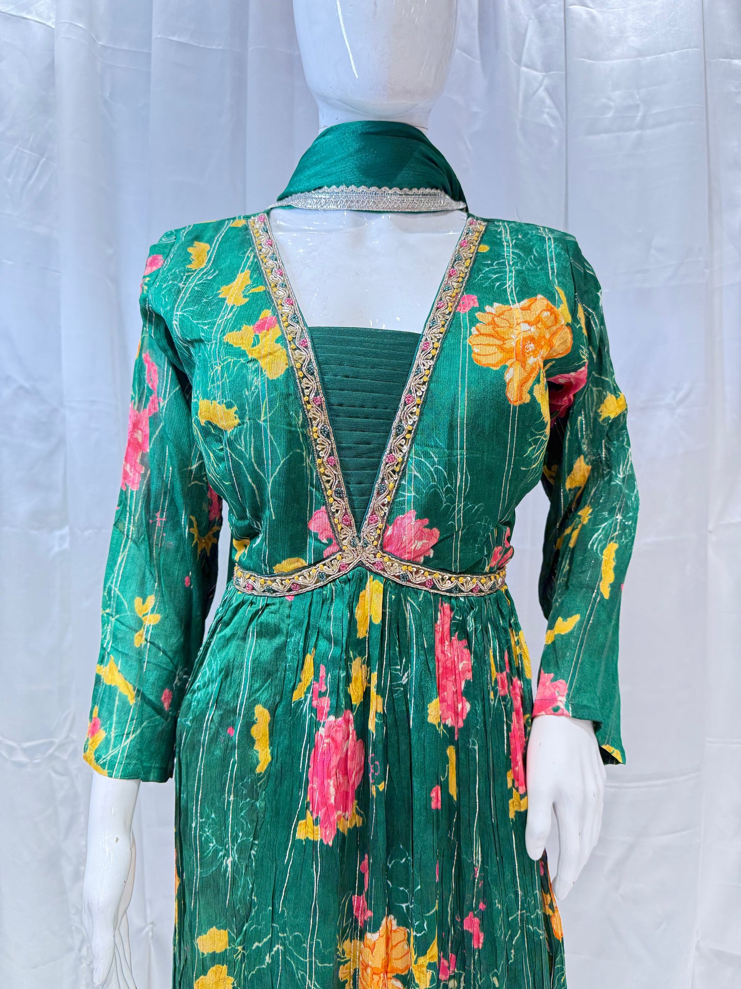 Summer Chiffon Digital Print Gown (Bottle Green)