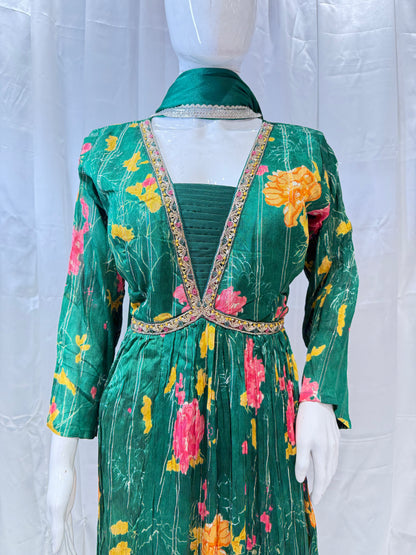 Summer Chiffon Digital Print Gown (Bottle Green)