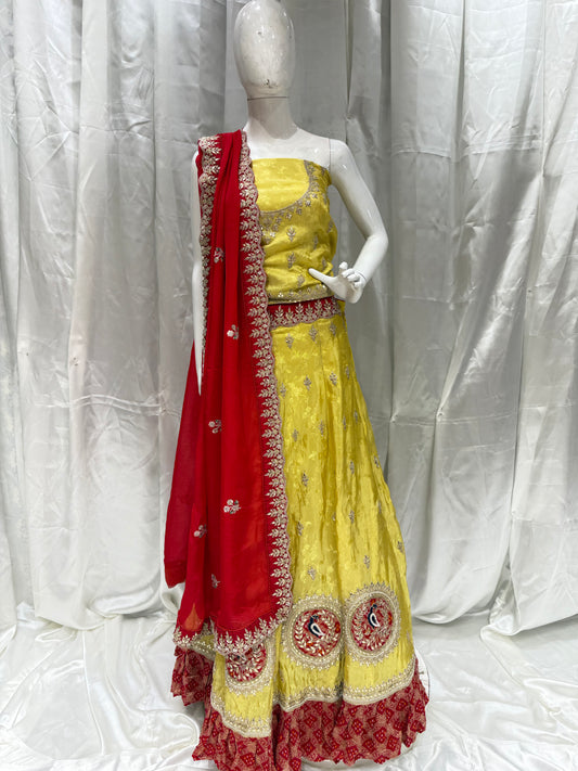 Silk Jamdani Handwork Embroidery Lehenga (Banana Yellow with Red)
