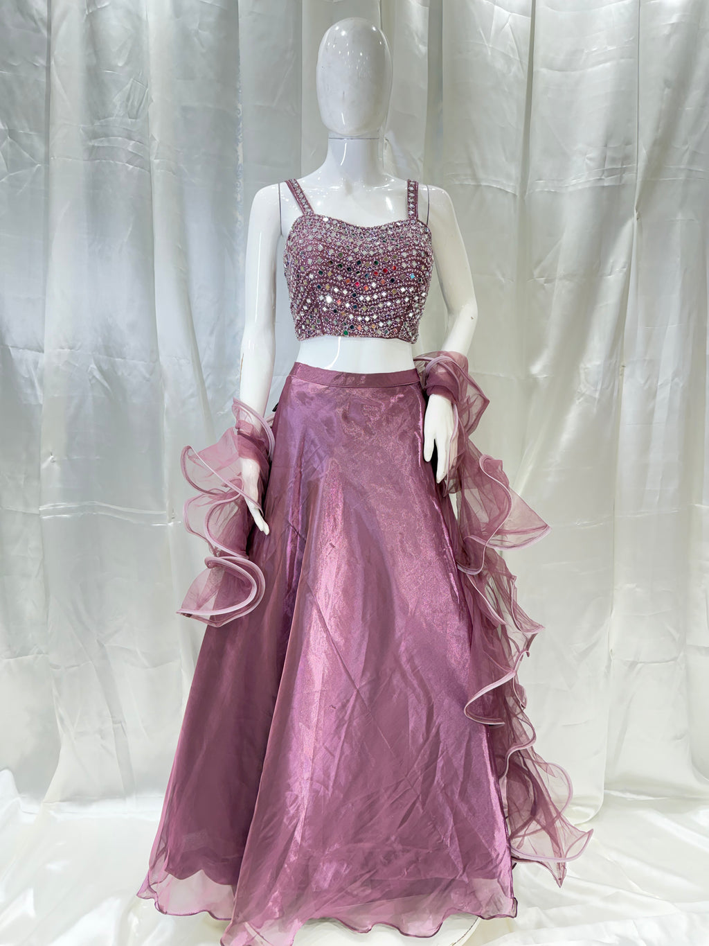 Satin Crop Top Party Wear Dress (Onion)