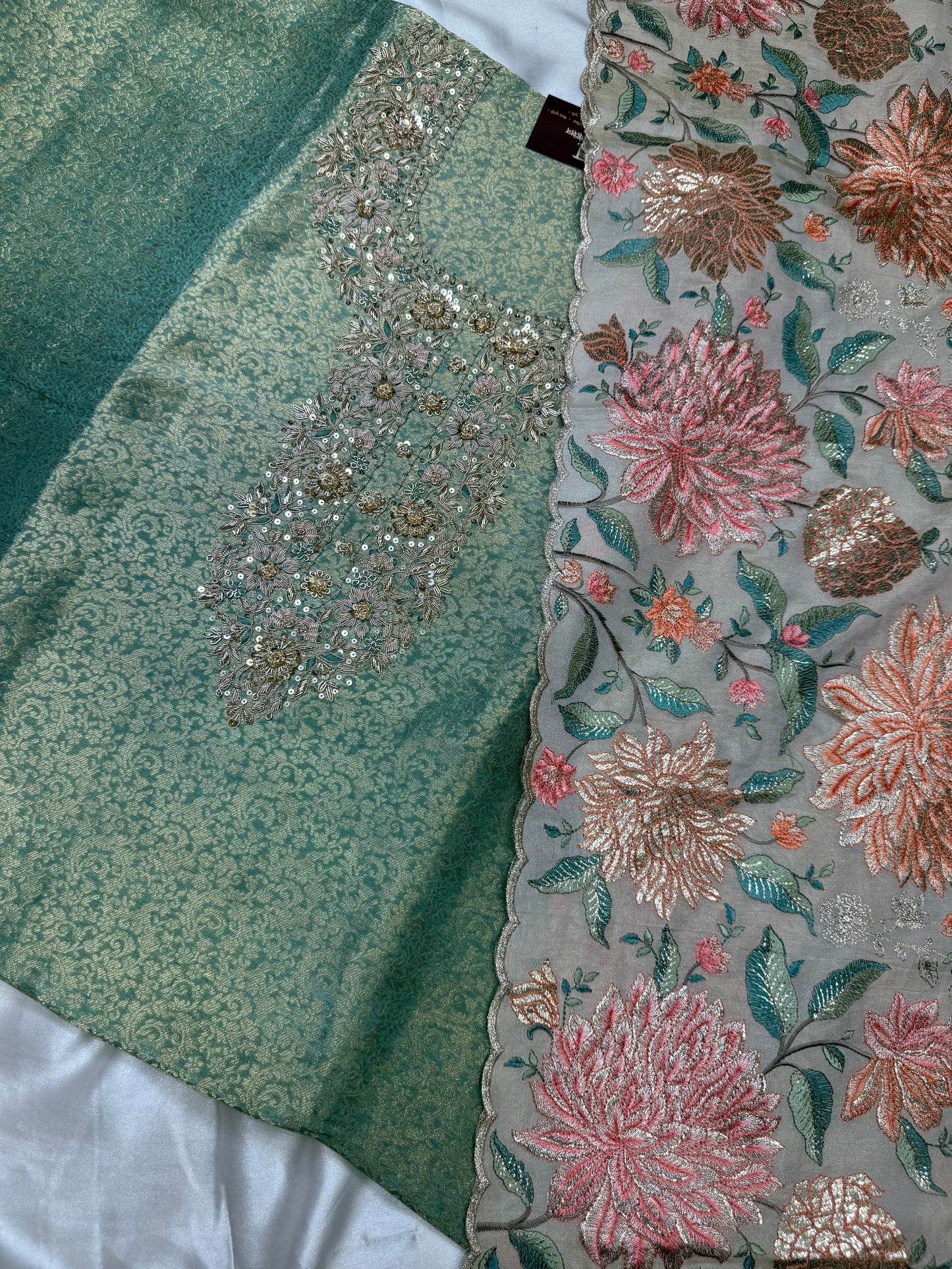 Designer zari brocade handwork silk material with Duppata ( Pista Green )
