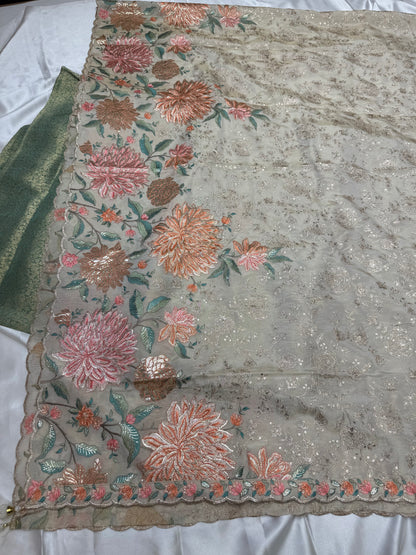 Designer zari brocade handwork silk material with Duppata ( Pista Green )