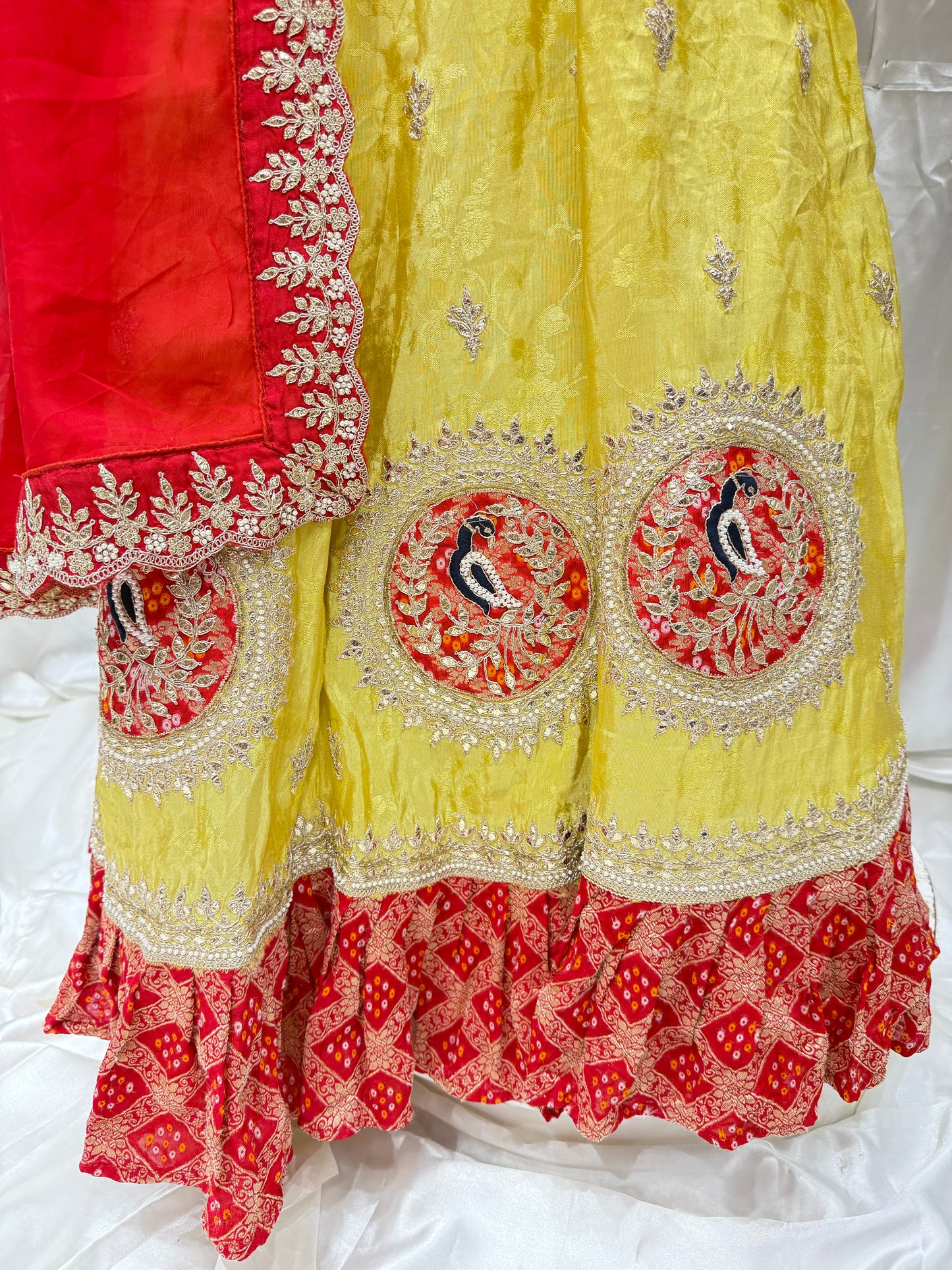 Silk Jamdani Handwork Embroidery Lehenga (Banana Yellow with Red)