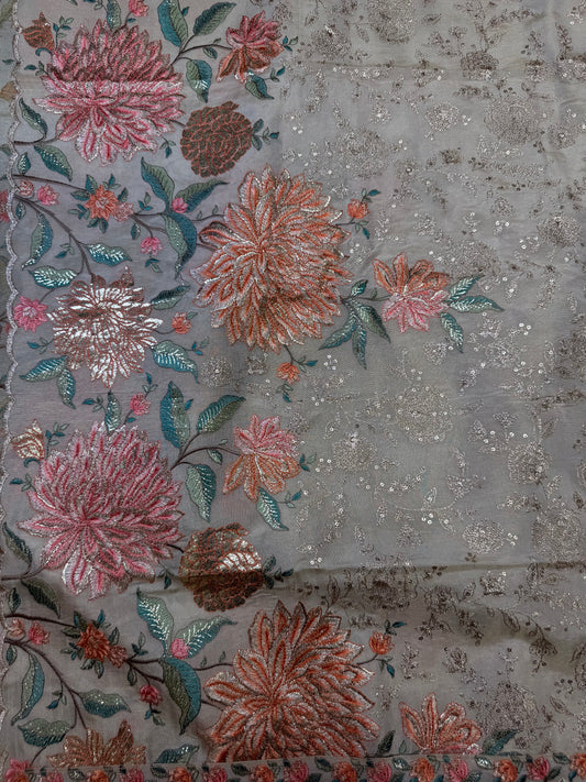 Designer zari brocade handwork silk material with Duppata ( Pista Green )