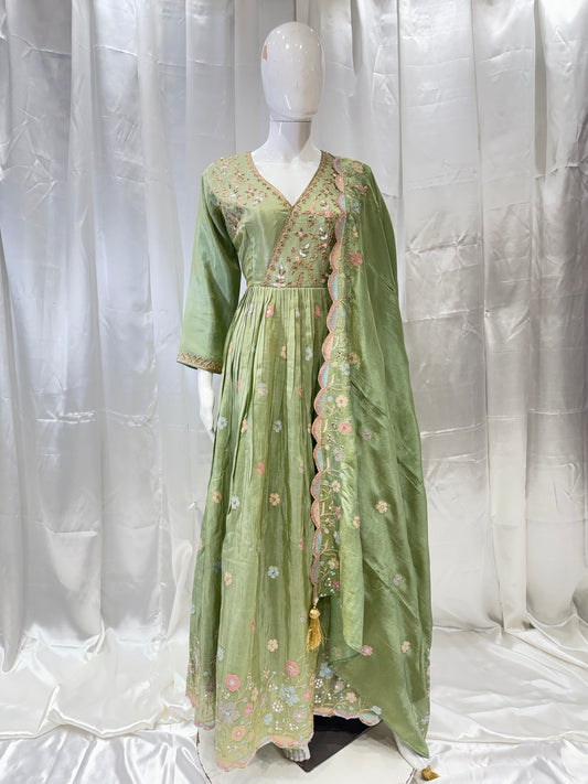 Silk Traditional Mirzai Design gown ( Pista Green)