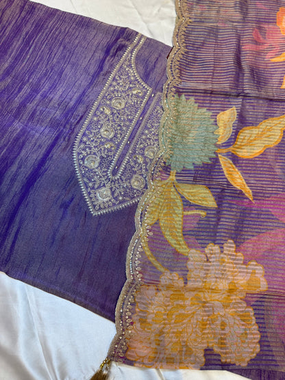 Designer crush tissue silk dress material (Purple)