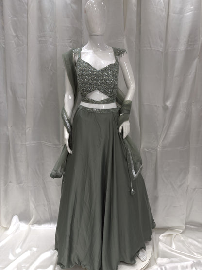 Satin Silk Boutique Pattern Dress (Mehendi)