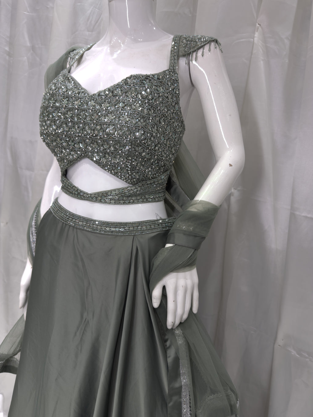 Satin Silk Boutique Pattern Dress (Mehendi)