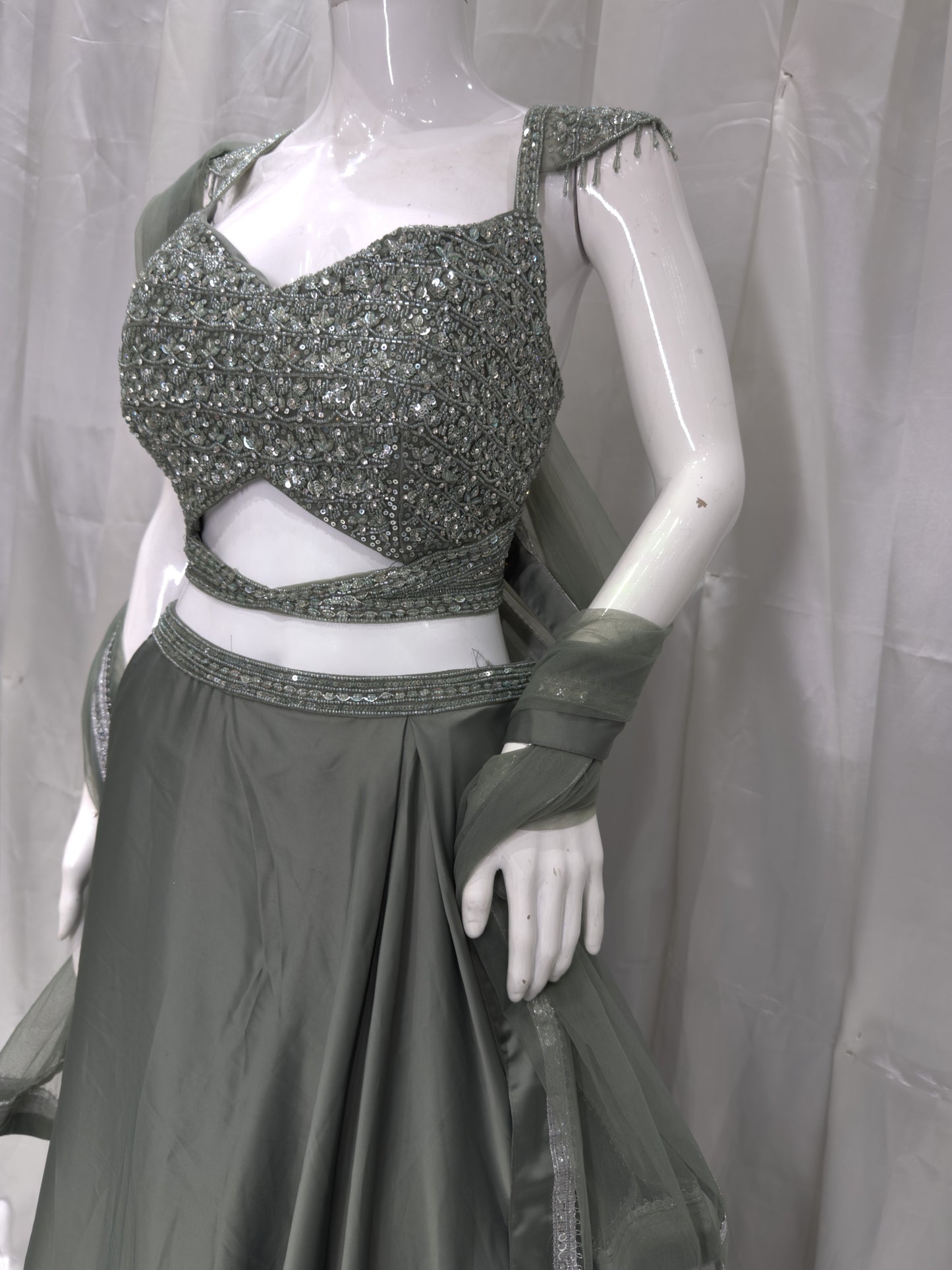 Satin Silk Boutique Pattern Dress (Mehendi)