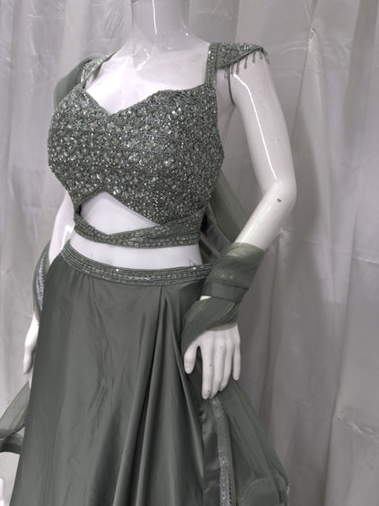 Satin Silk Boutique Pattern Dress (Mehendi)
