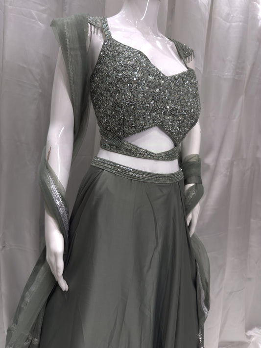 Satin Silk Boutique Pattern Dress (Mehendi)