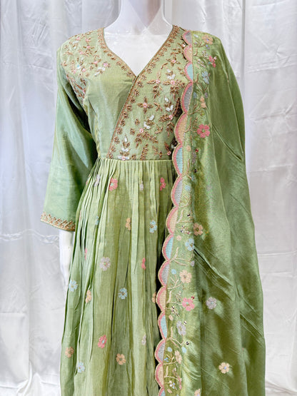 Silk Traditional Mirzai Design gown ( Pista Green)