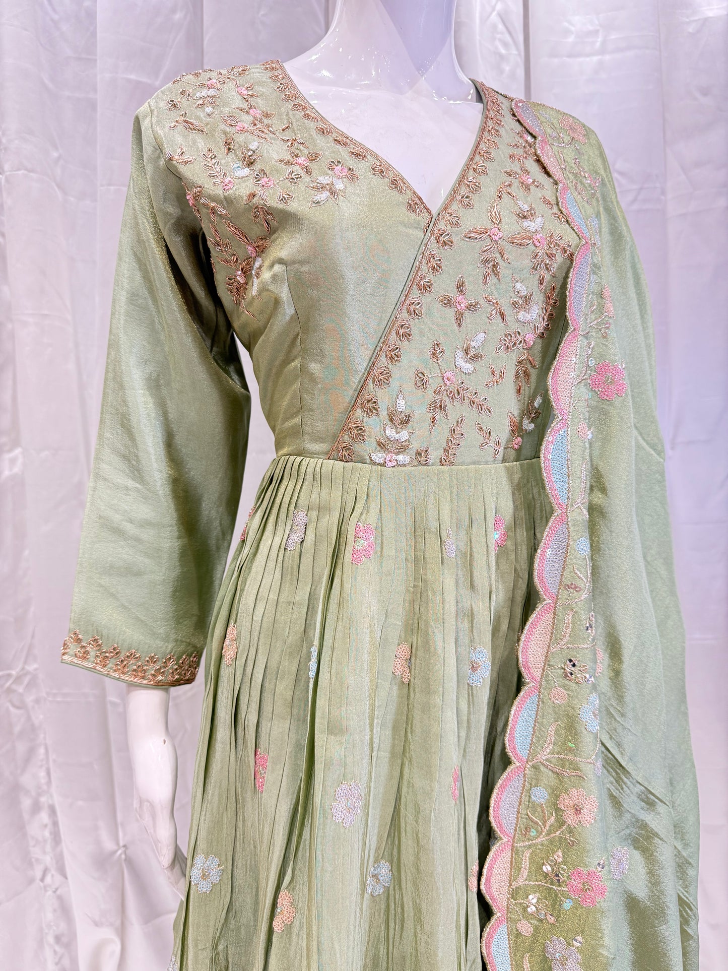 Silk Traditional Mirzai Design gown ( Pista Green)