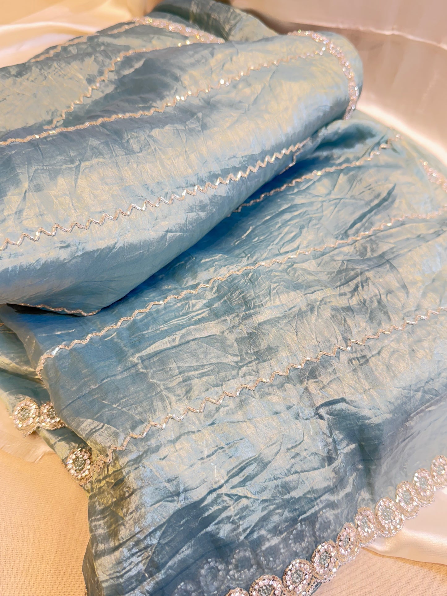 Tissue Crush handwork Saree (Aqua Blue)
