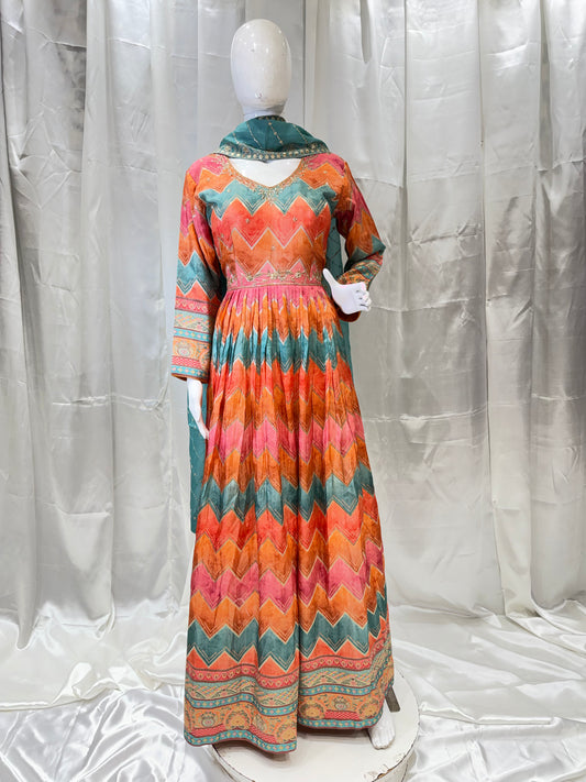 Silk Digital Print Gown (Fanta)