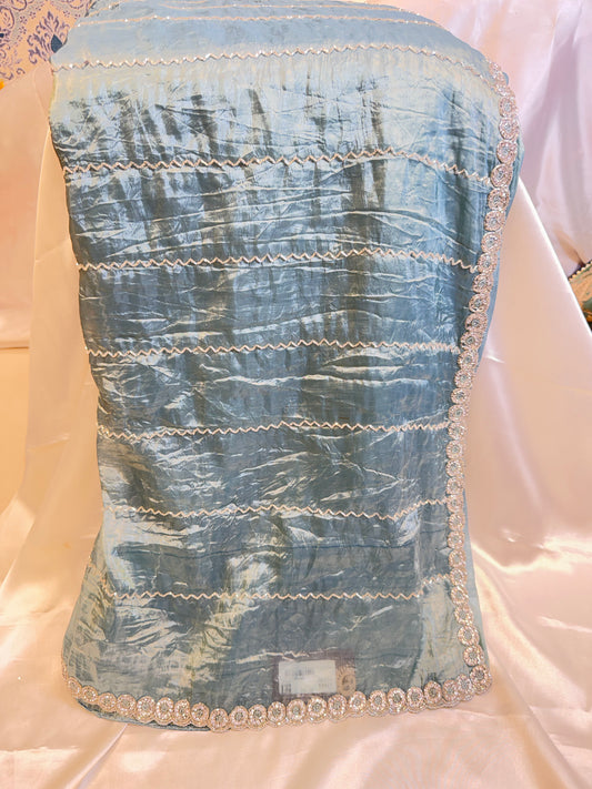 Tissue Crush handwork Saree (Aqua Blue)