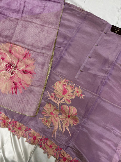 Designer Ethenic tissue silk dress material (Lavender)