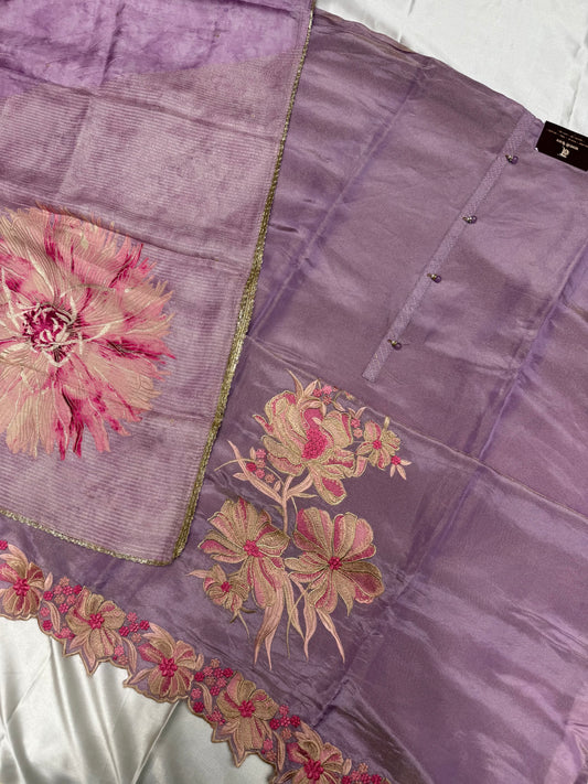 Designer Ethenic tissue silk dress material (Lavender)